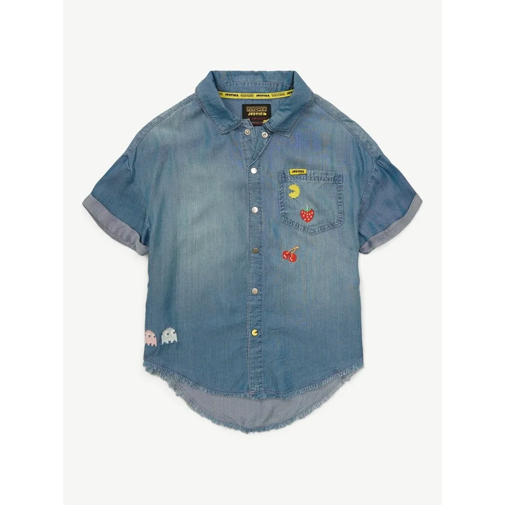 Justice Girls Pac-Man Denim Shirt Blue Short Sleeve Lyocell High Low Hem XS 5/6